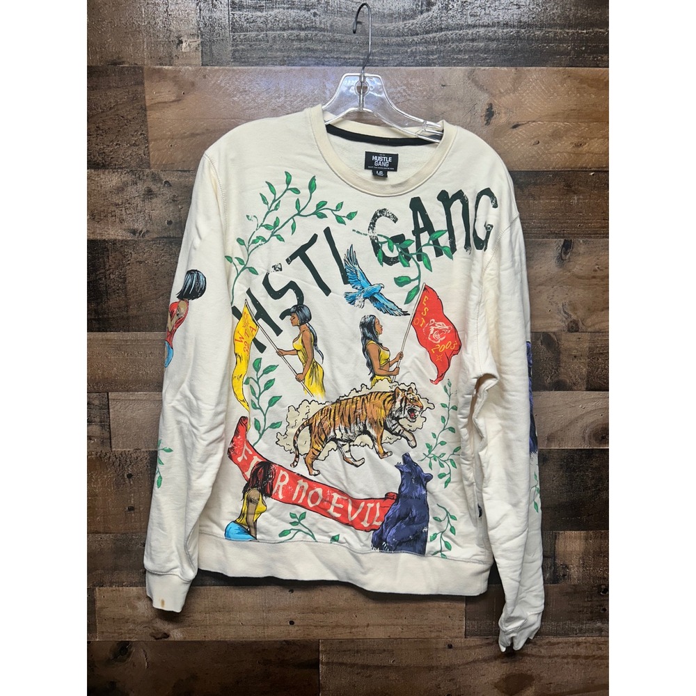 Hustle Gang Graphic Sweatshirt Cream Tiger Bear Women Flag Men L